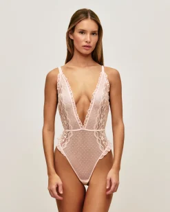 Body sans armature en dentelle florale et plumetis à pois