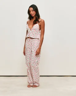 Pantalon en popeline de coton à imprimé fraises, fleurs et coccinelles