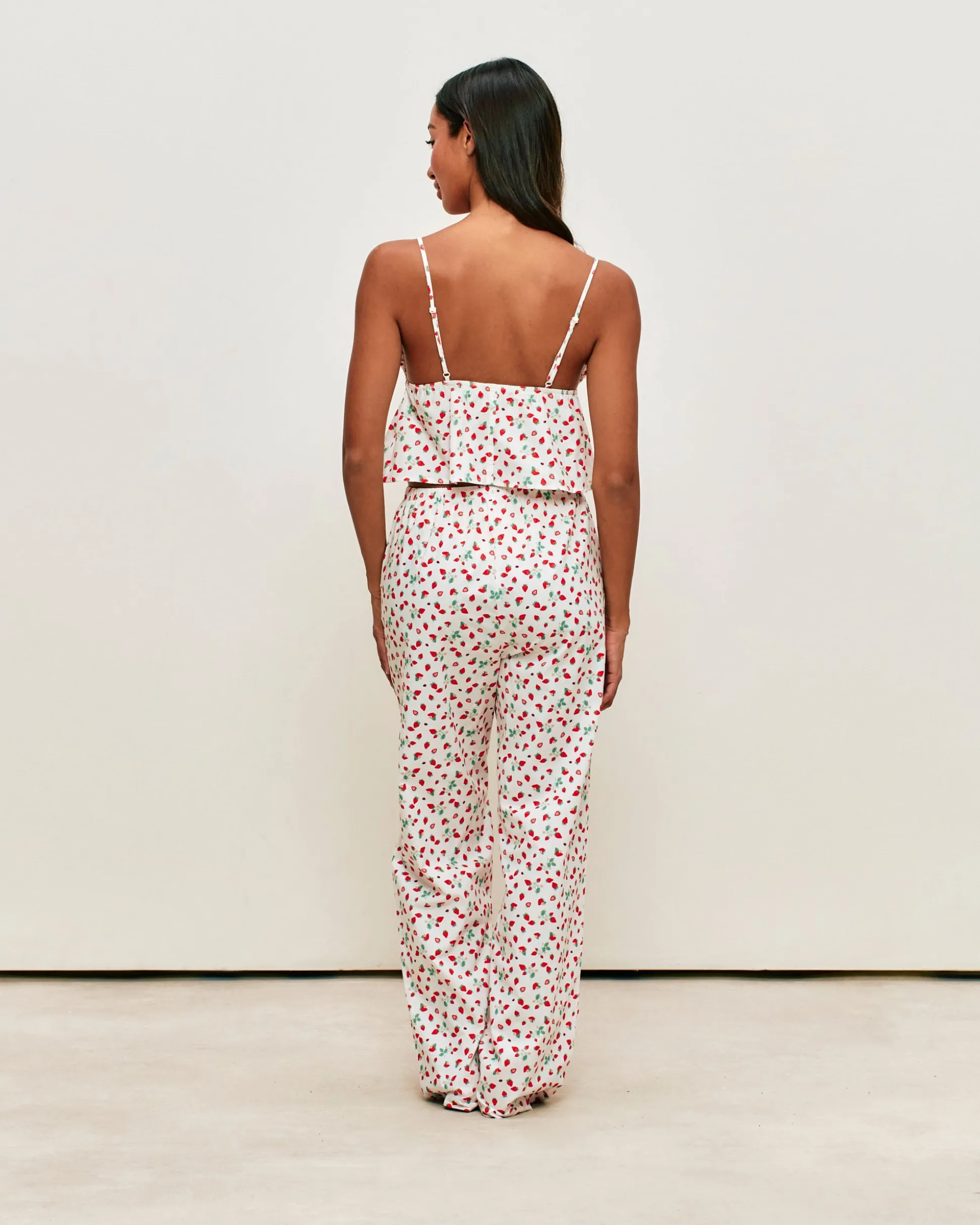 Pantalon en popeline de coton à imprimé fraises, fleurs et coccinelles