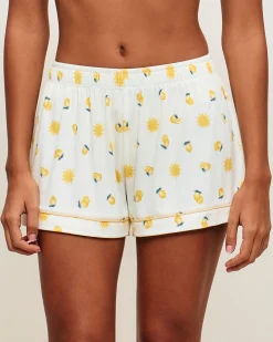 Short en jersey côtelé avec motifs soleils et citrons