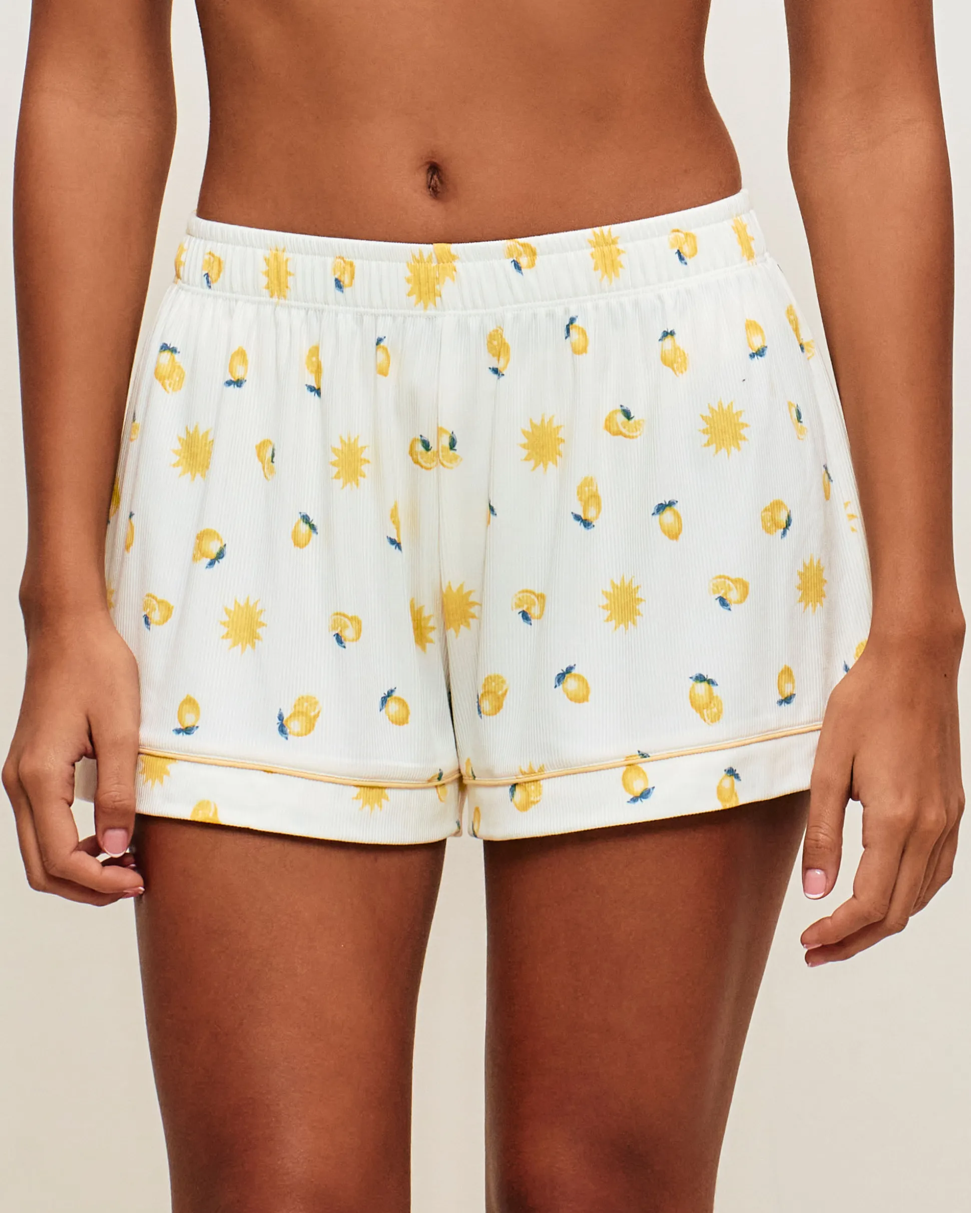 Short en jersey côtelé avec motifs soleils et citrons