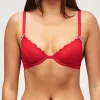 Soutien-gorge en dentelle florale et noeud vichy rouge et blanc